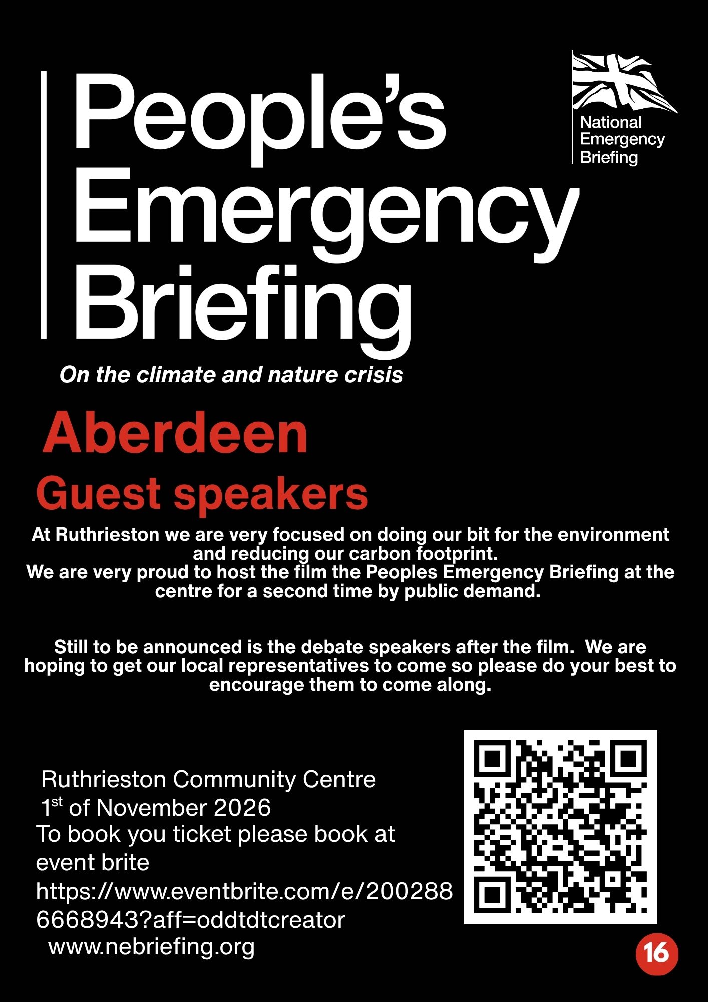 poster with QR code to book a ticket for the peoples emergency briefing via event brite